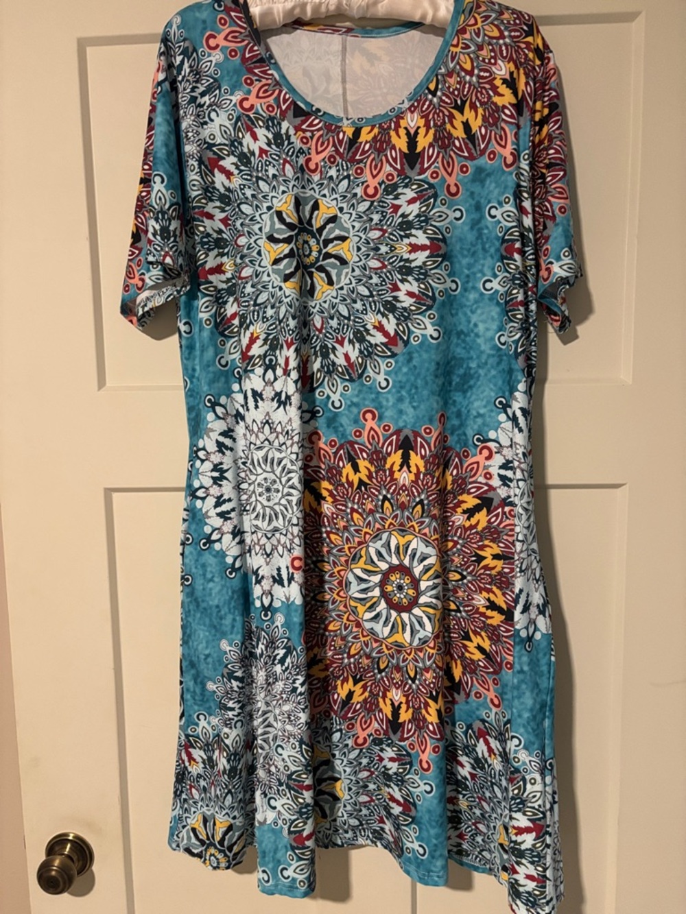 Blue Floral Medallion Short Sleeve Women's Dress